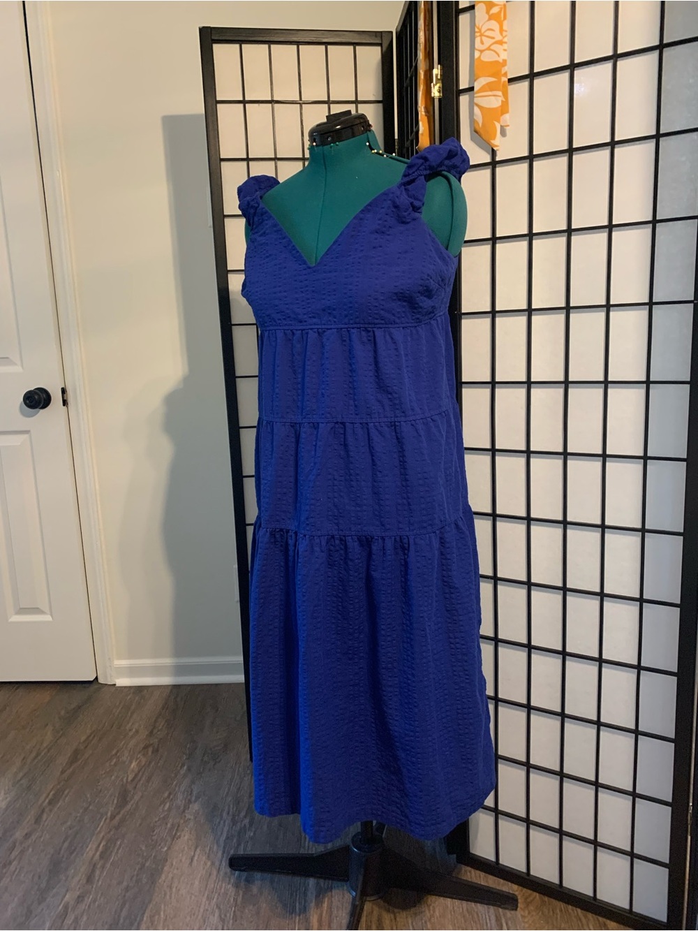 Tiered V-Neck Midi Dress in Royal Blue